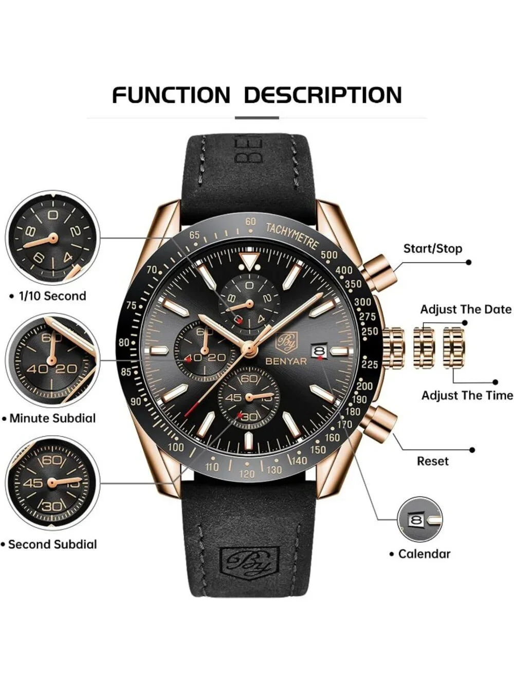 Mens Gold Black Analog Silicone Strap Chronograph Luminous Designer Casual Watch